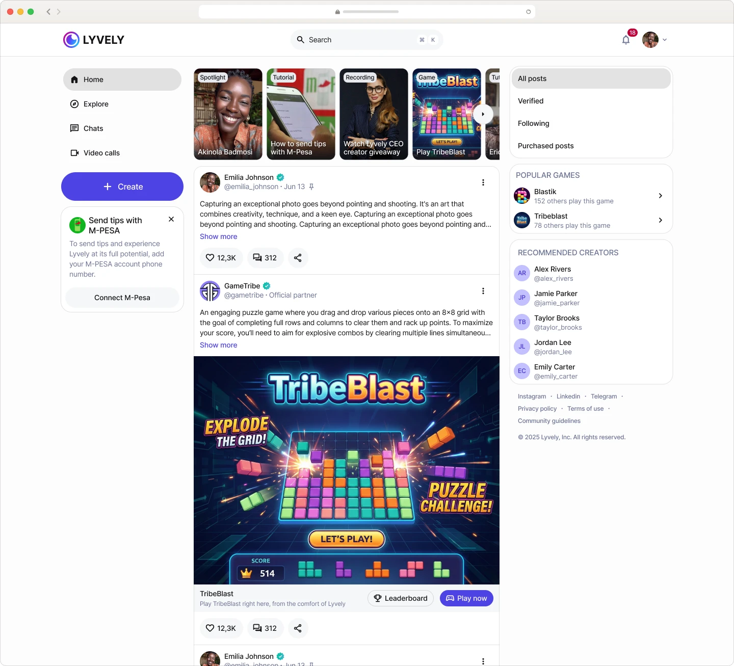 Lyvely web feed with a playable TribeBlast game post, popular games and recommended creators