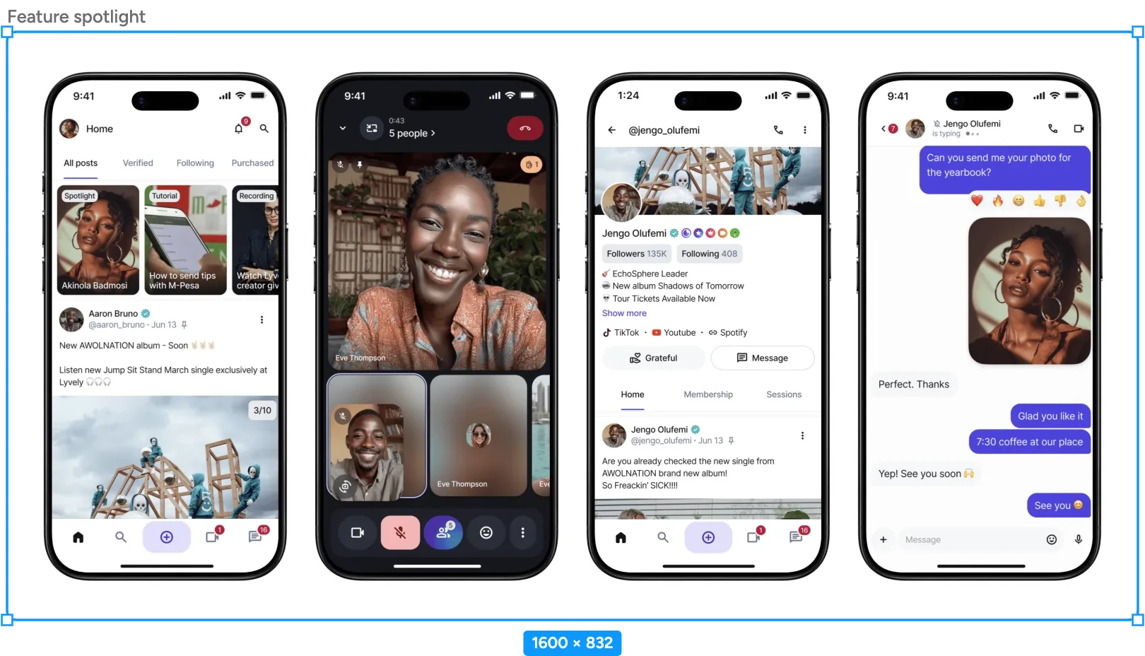 Lyvely mobile app: home feed, video call, creator profile and chat