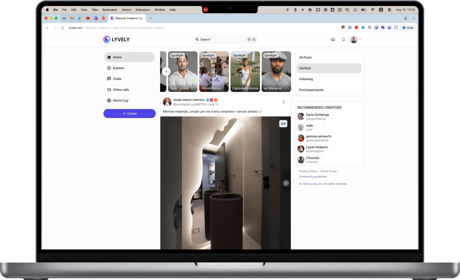 Lyvely web app home feed with spotlight carousel and recommended creators